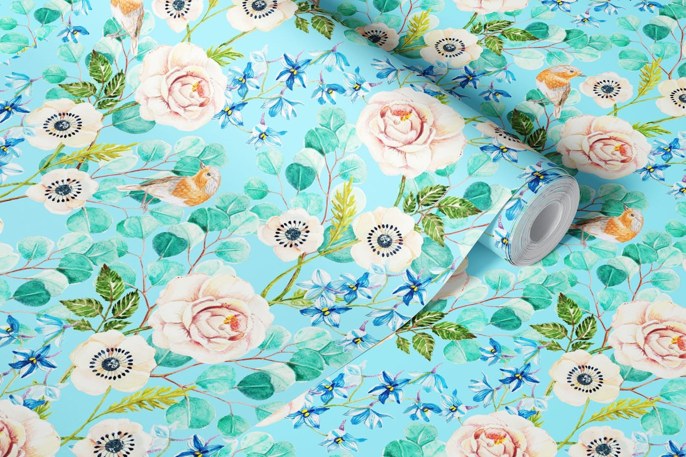 handpainted flowers and birds on light blue wallpaper roll