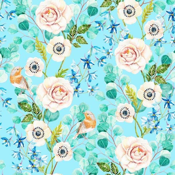 handpainted flowers and birds on light blue