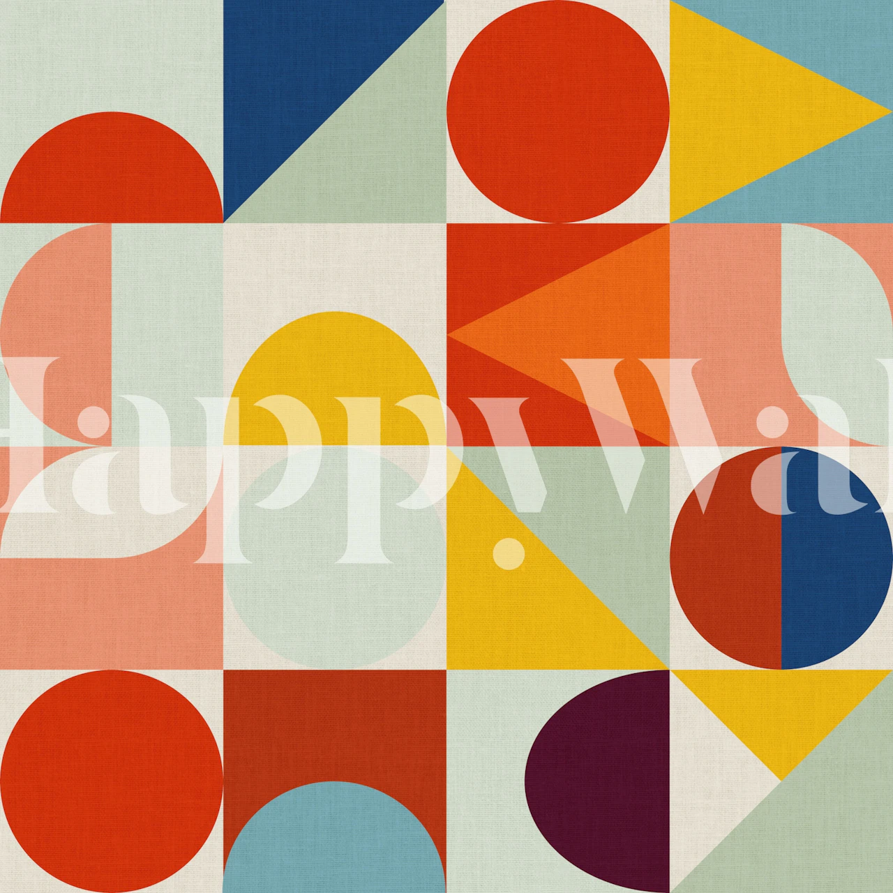 Mid Century Bauhaus Vivid 3 geometric pattern wall mural with a mix of red, blue, yellow, and purple colors.