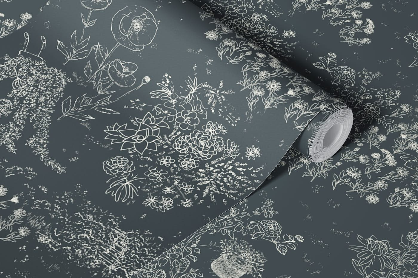 Whimsical garden toile large - noir black wallpaper roll