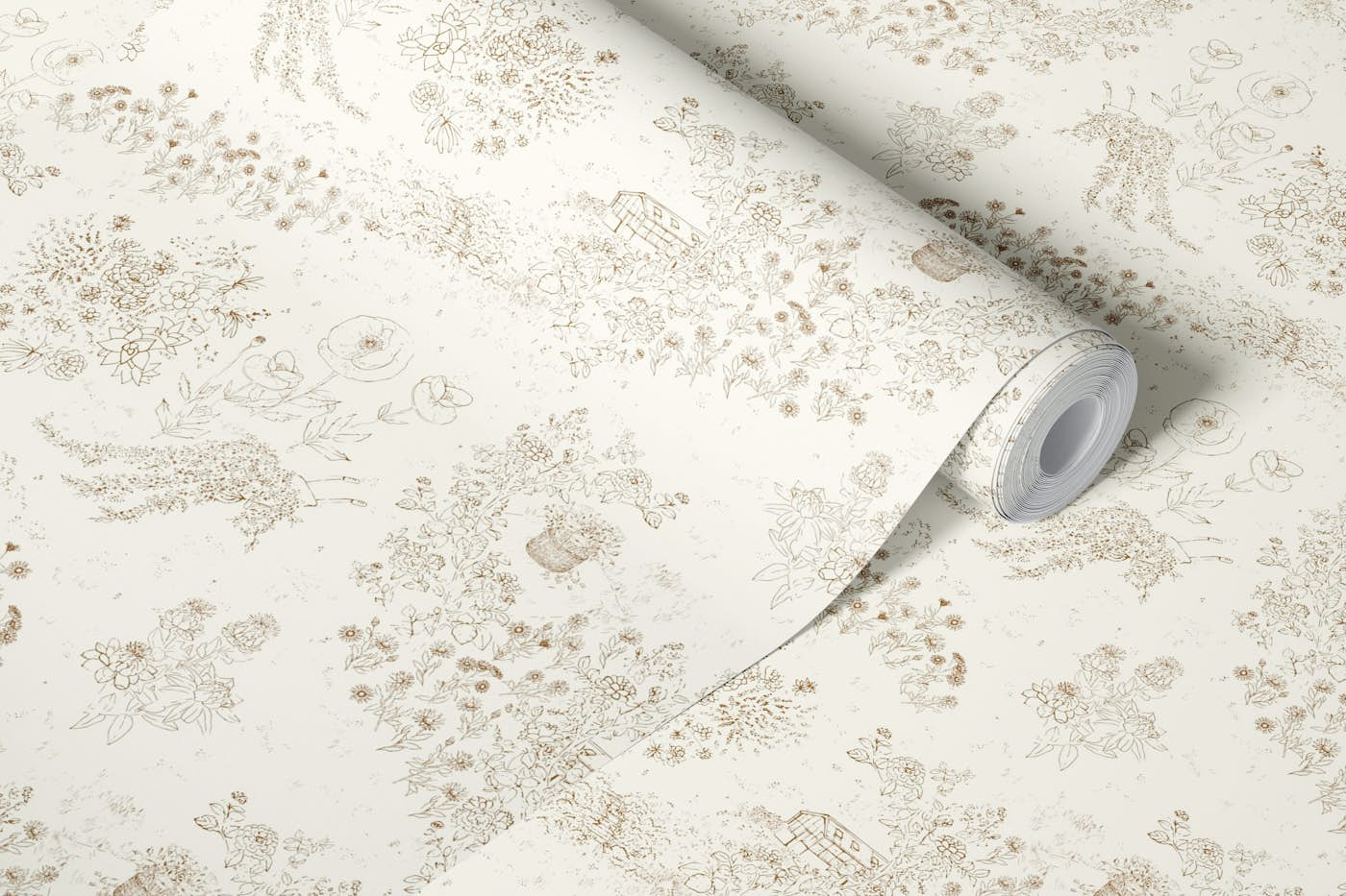 Whimsical garden toile medium- sepia brown wallpaper roll