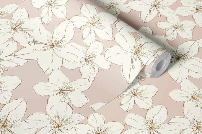 Tossed hand-drawn azalea flowers - muted pinkwallpaper roll