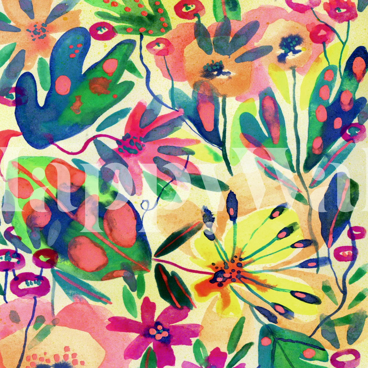 Colorful floral pattern in pink, green, and blue wallpaper