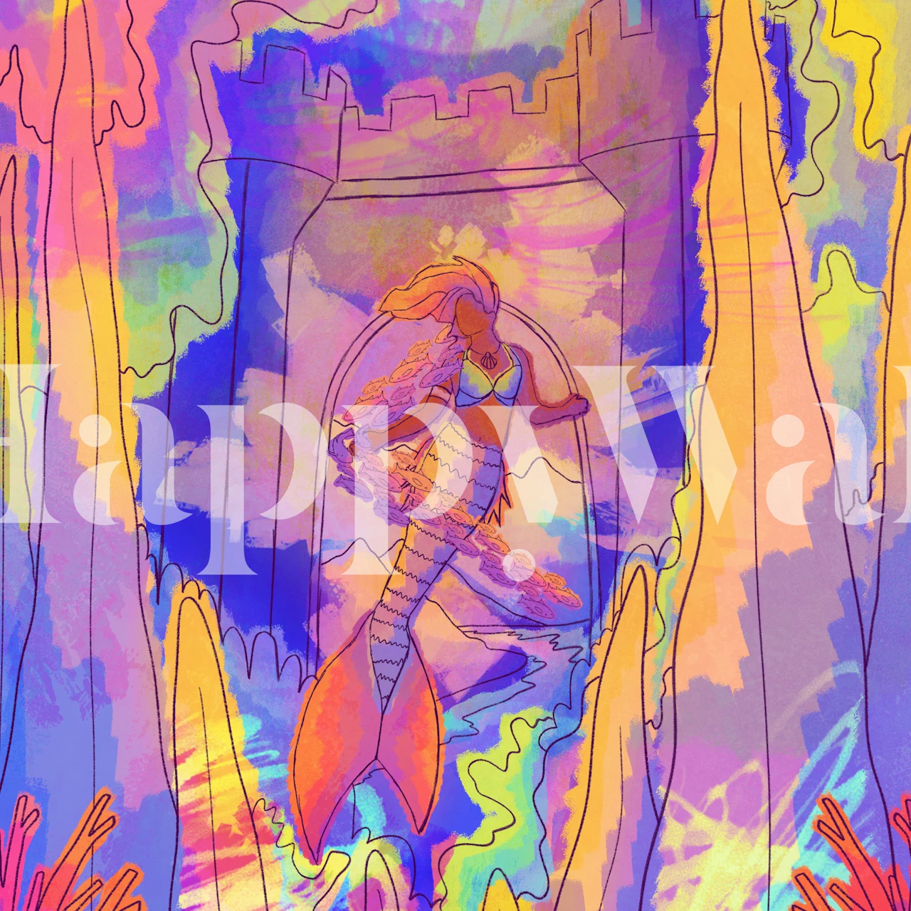 Mermaid and castle wallpaper in a room