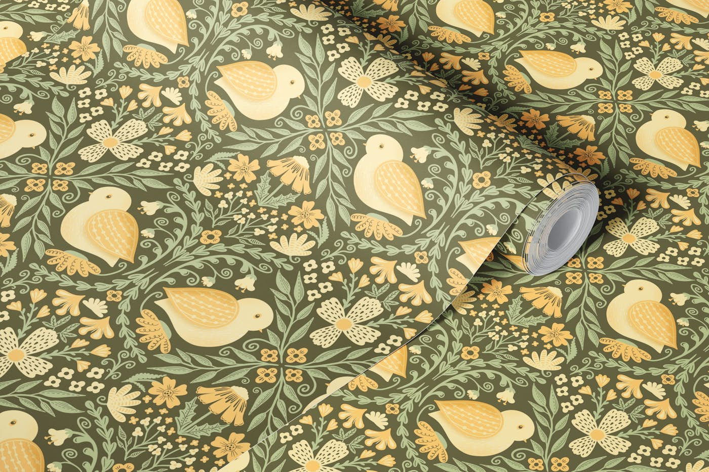 Baroque Yellow Birds wallpaper roll