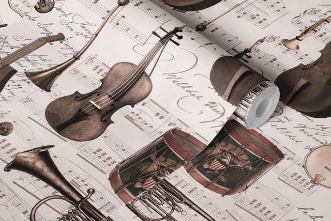 Vintage Music Instruments And Notes Brownwallpaper roll