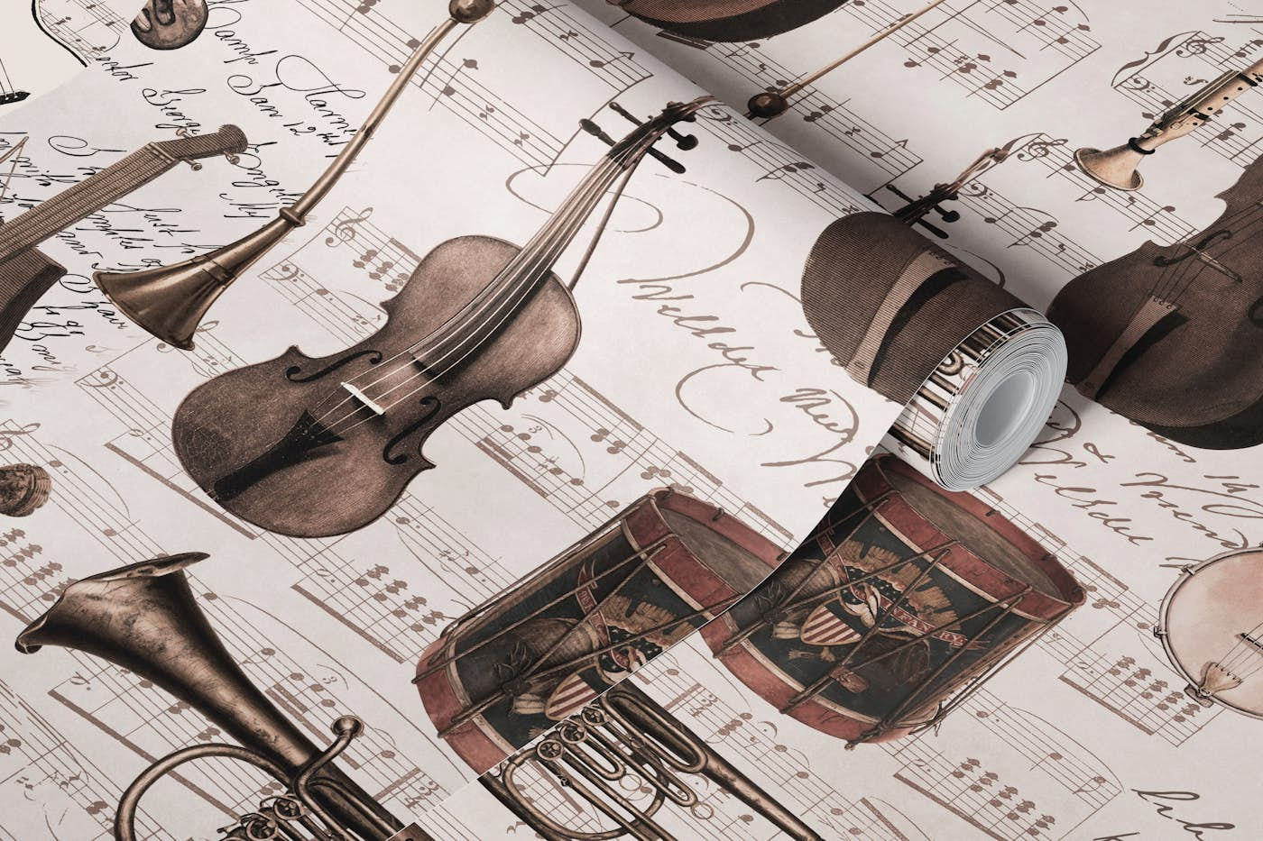 Vintage Music Instruments And Notes Brown wallpaper roll