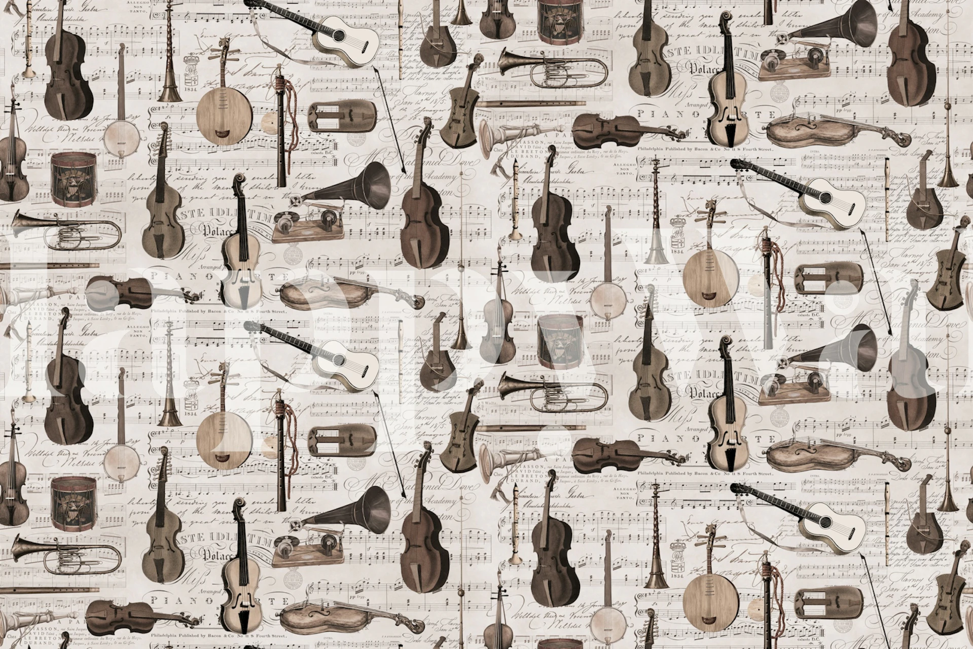 Vintage music instruments and sheet music design in brown wallpaper