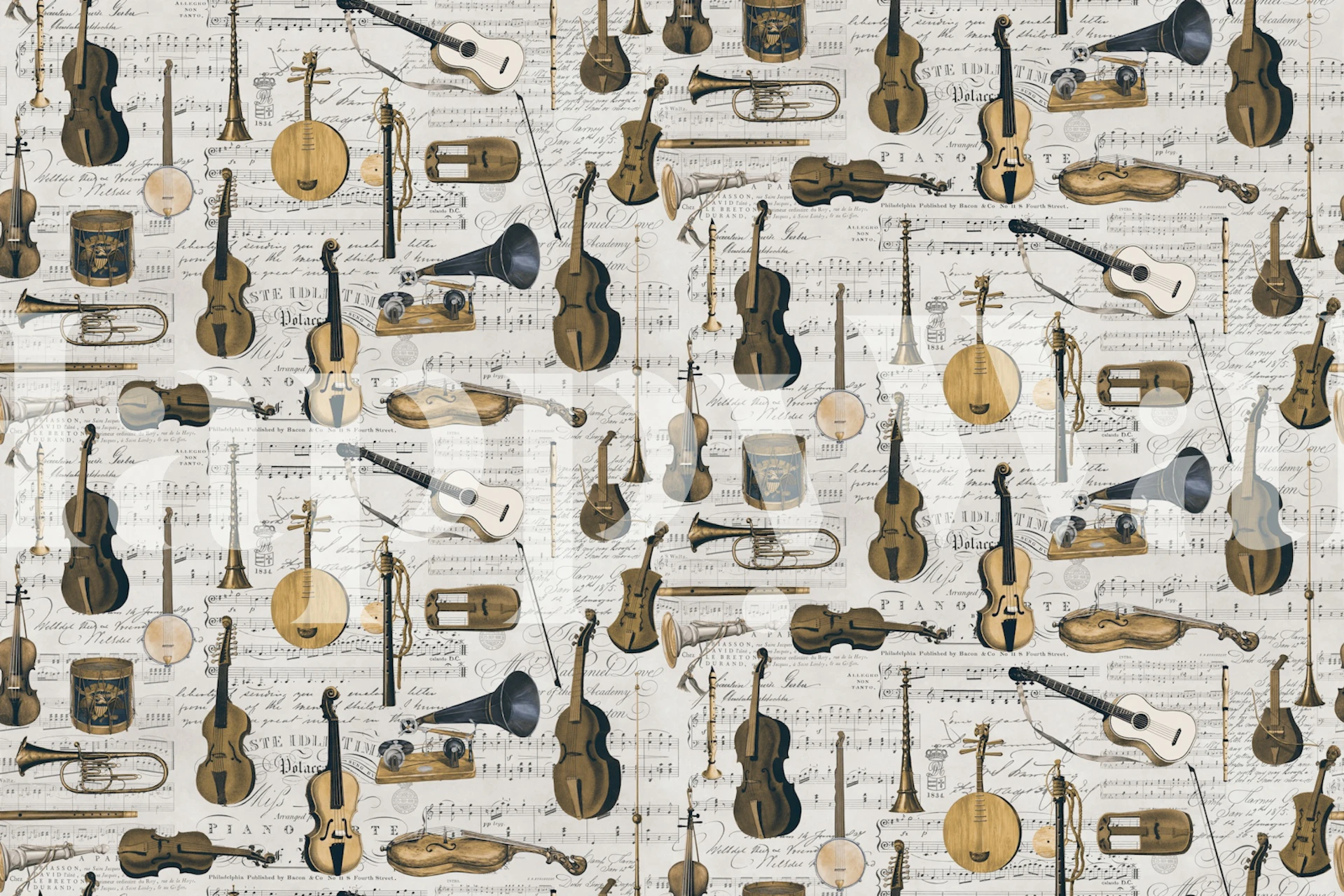 Classic music instruments wallpaper in a room