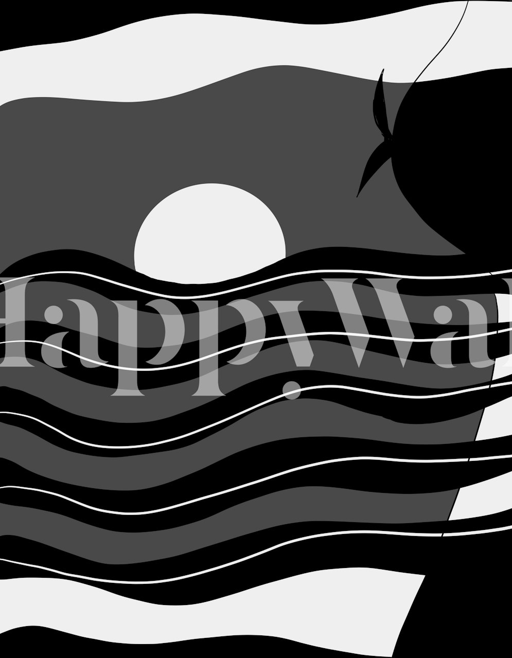 Abstract monochromatic wall mural with woman's silhouette and wavy pool patterns