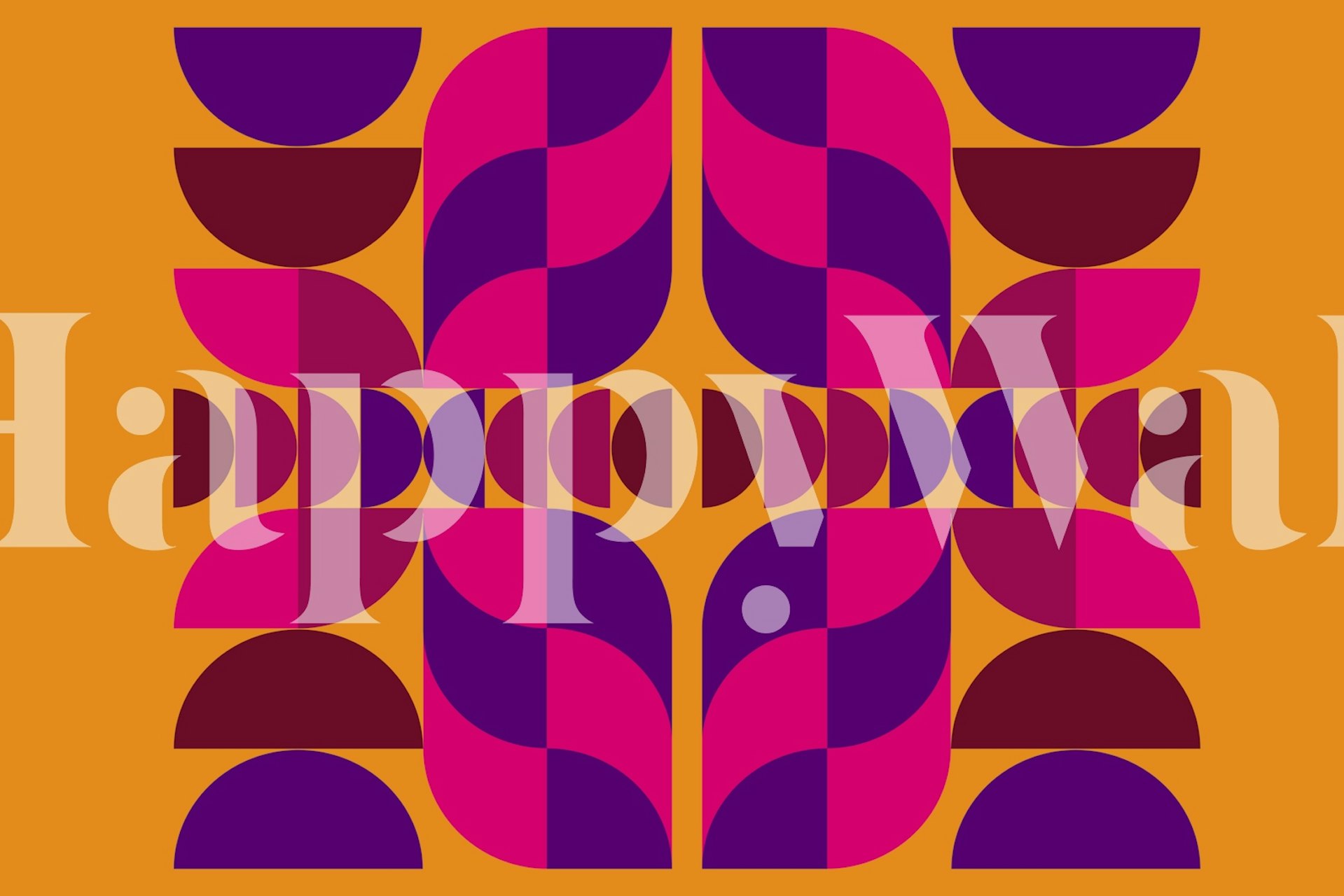 Papel de parede com padrão geométrico inspirado nos anos 70 em cores vibrantes sobre um fundo laranja marcante