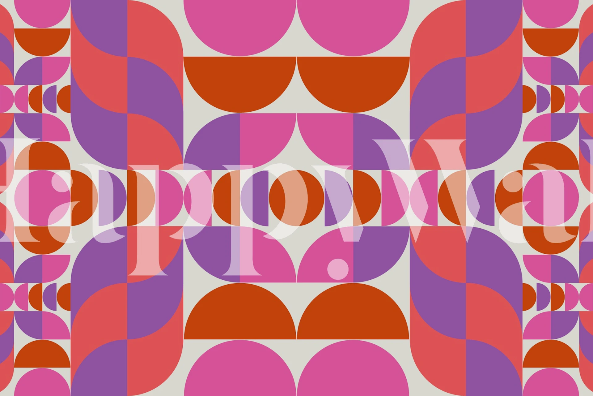 Vivid 70s inspired geometric pattern wall mural with orange, pink, and purple hues.