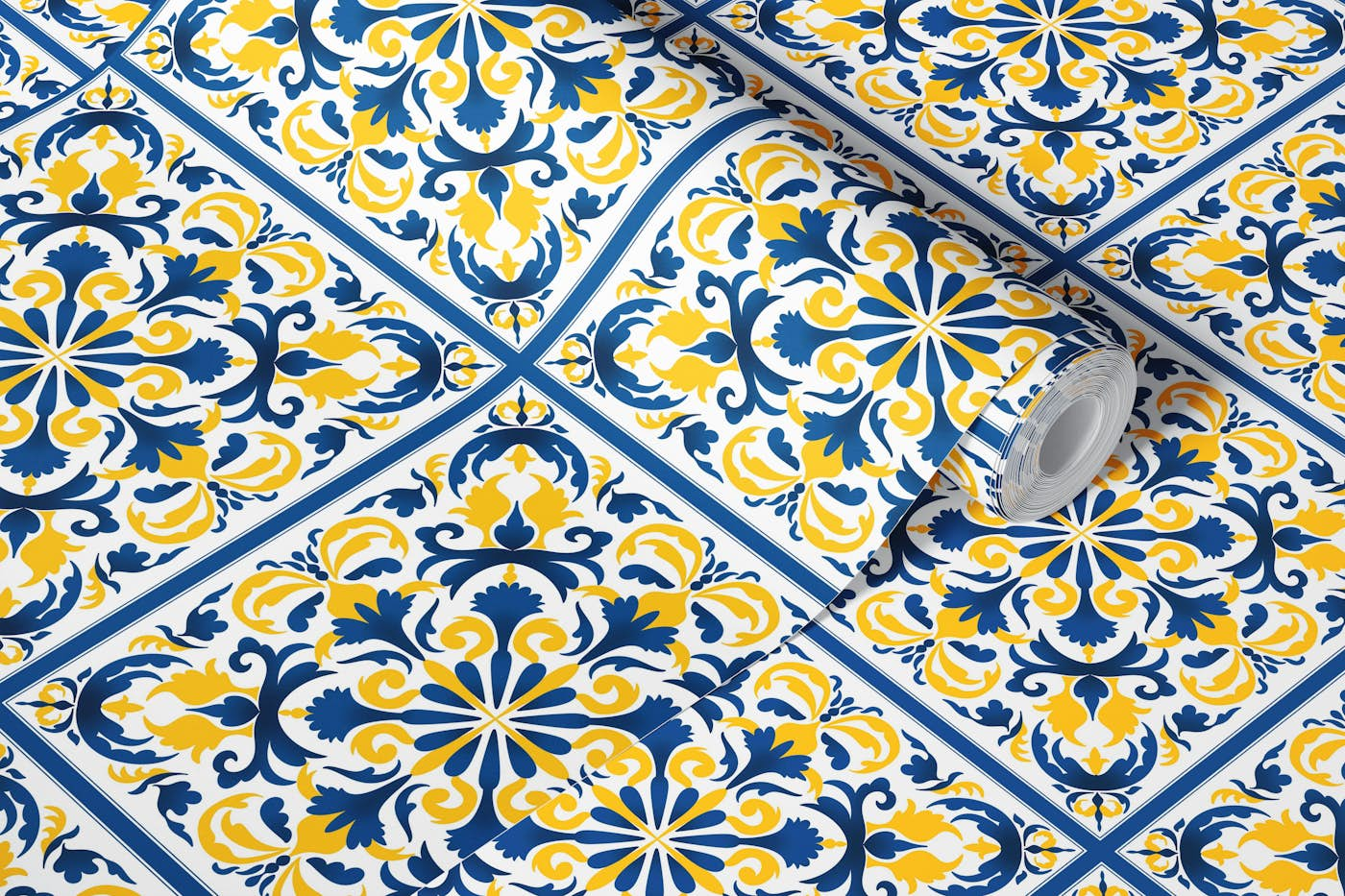 Yellow and Blue Ceramic tile 3 wallpaper roll