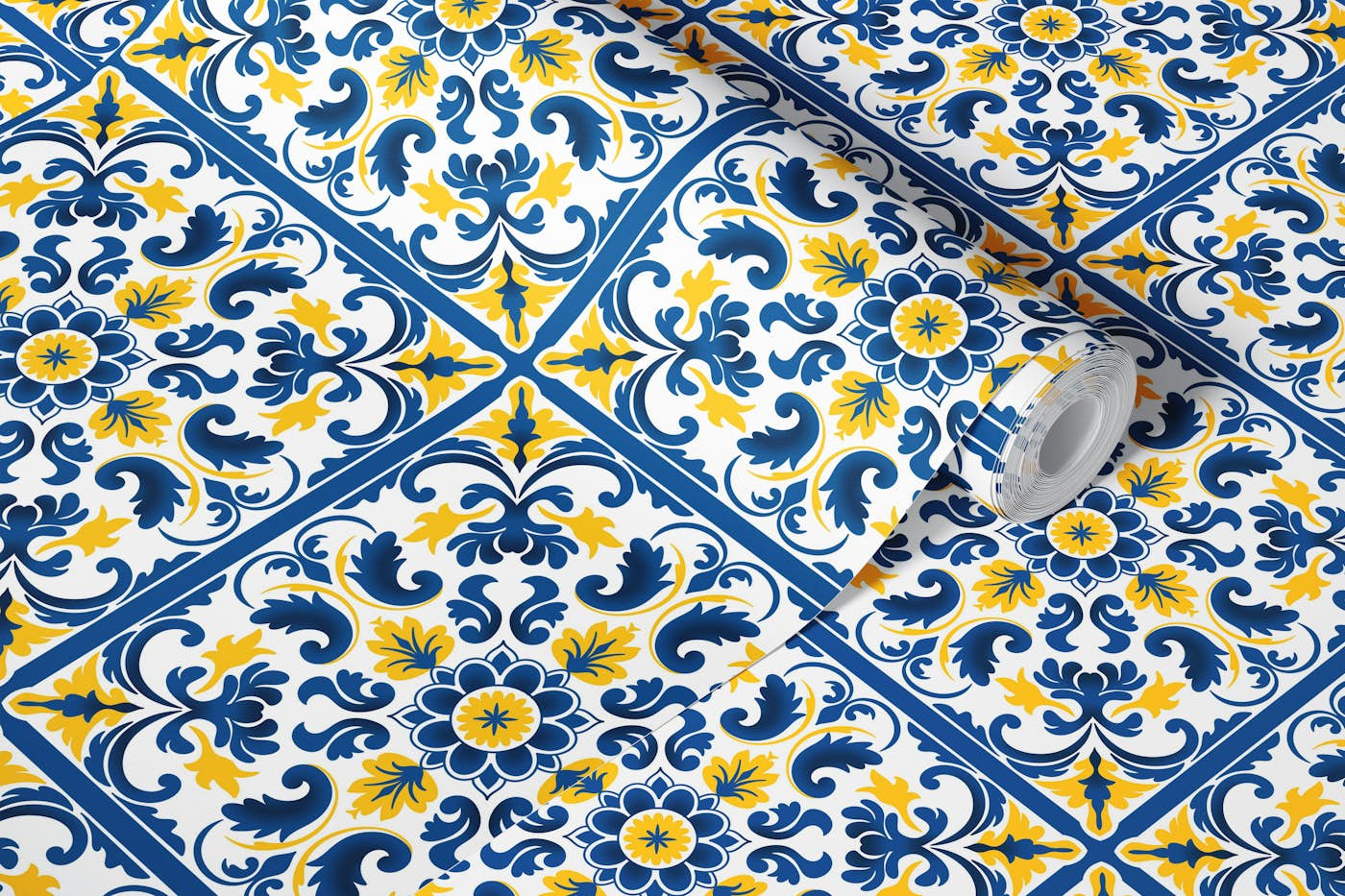 Yellow and Blue Ceramic tile 6 wallpaper roll