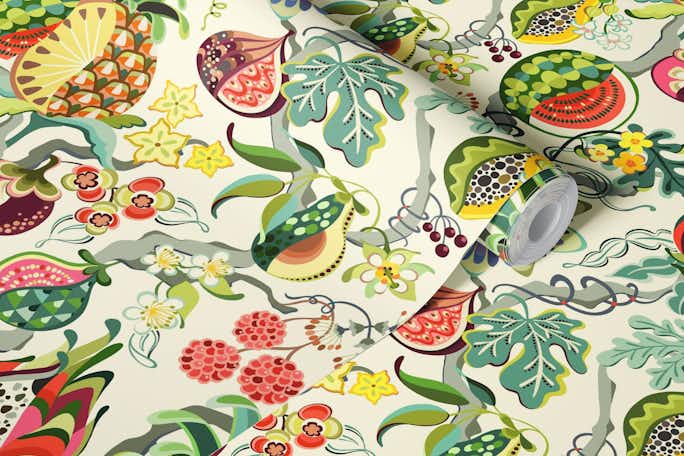 Whimsical tropical fruits treewallpaper roll
