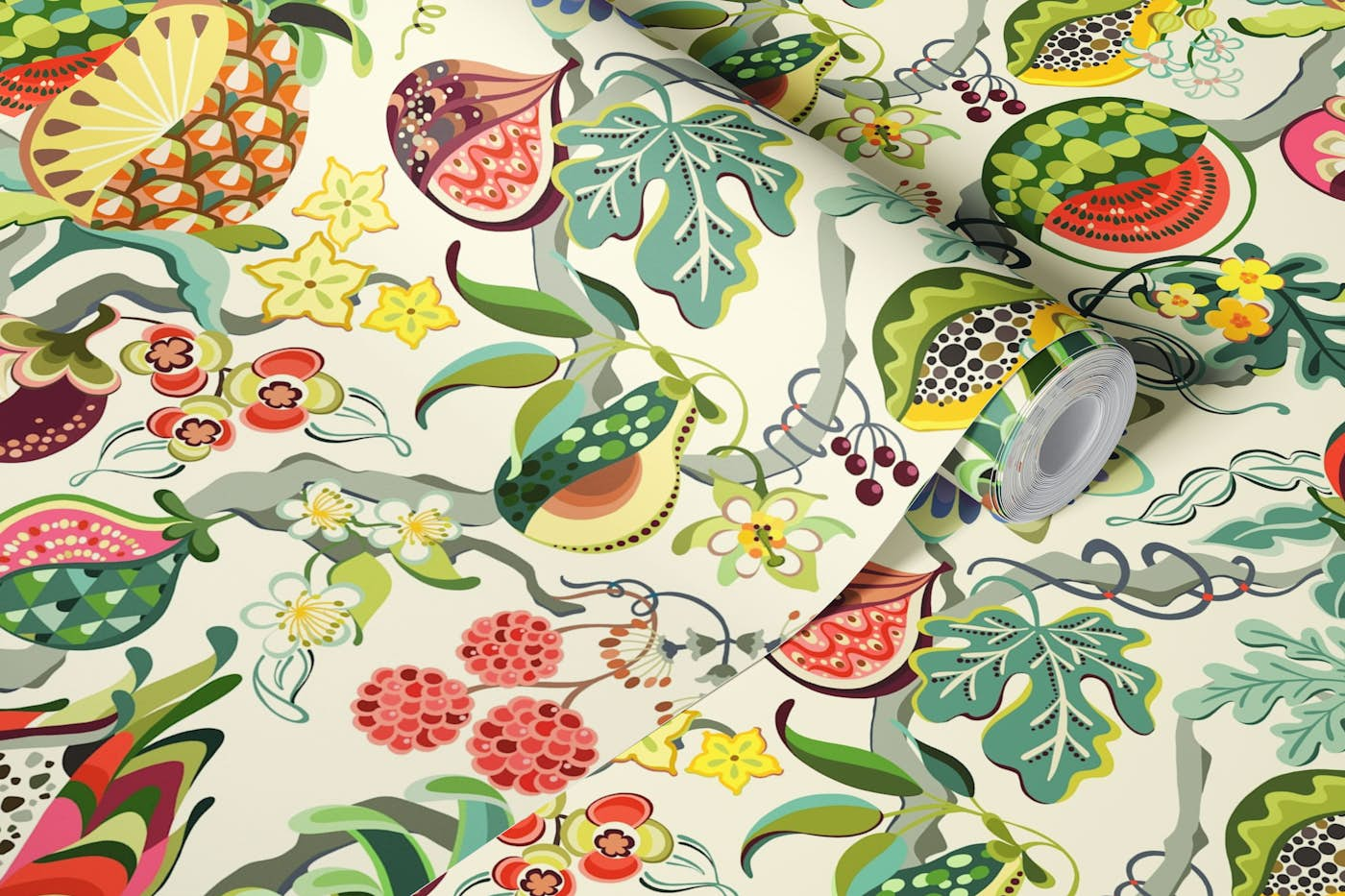 Whimsical tropical fruits tree wallpaper roll