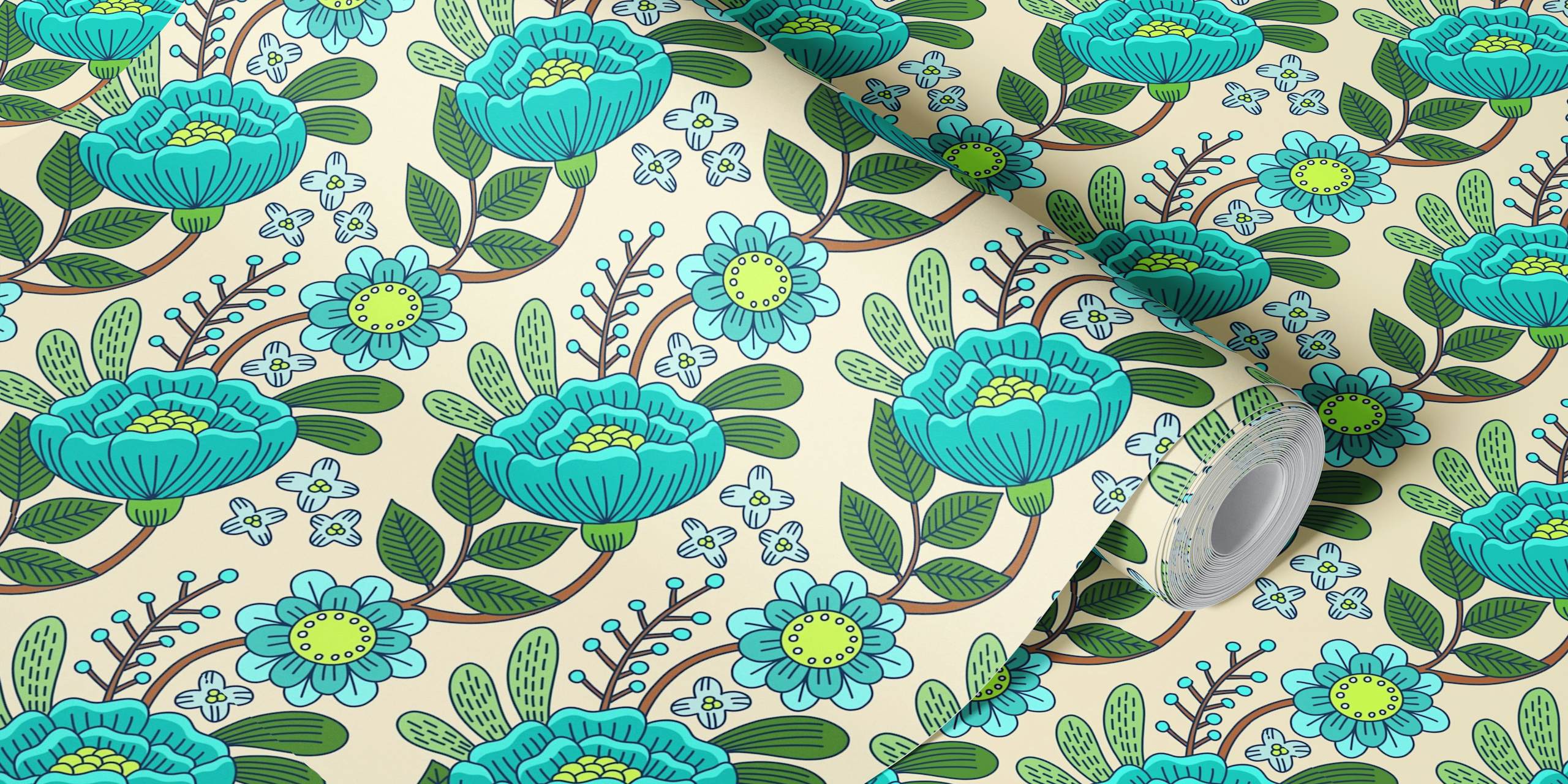 Turquoise and yellow floral pattern wallpaper