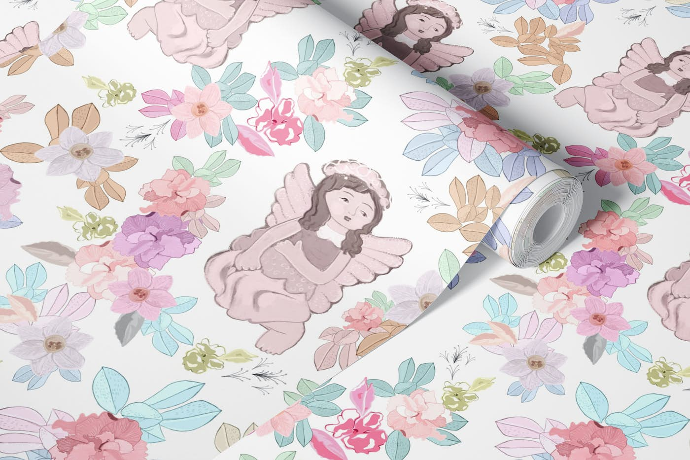 Angels with flowers pattern wallpaper roll