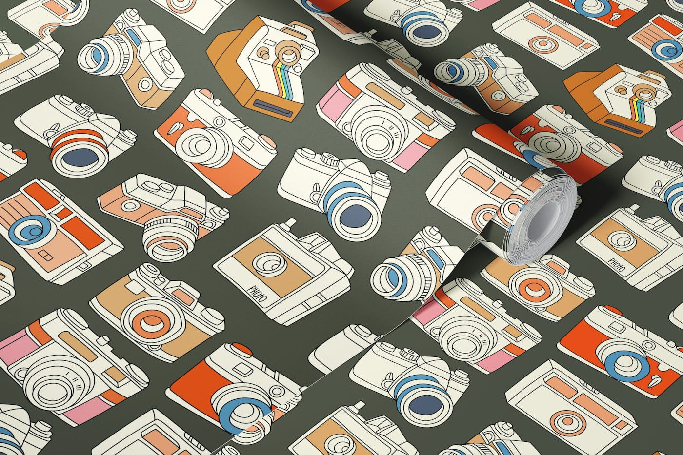 Vintage Cameras on Khaki wallpaper roll