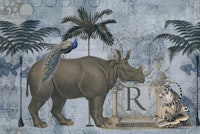 The Rhino Kingdom Vintage Illustration Blue behang