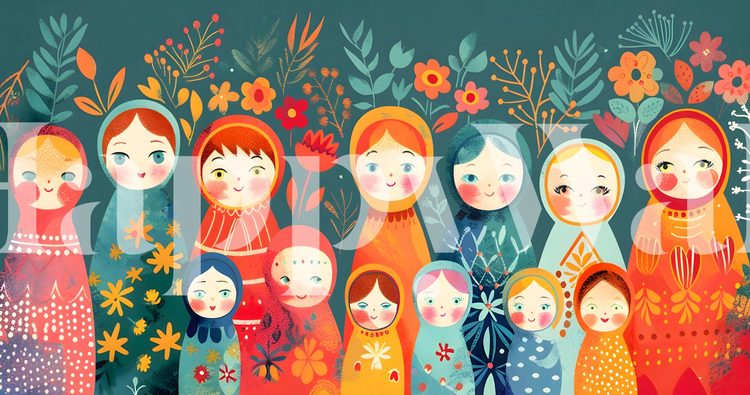 Colorful Matryoshka dolls with floral patterns on dark background wallpaper