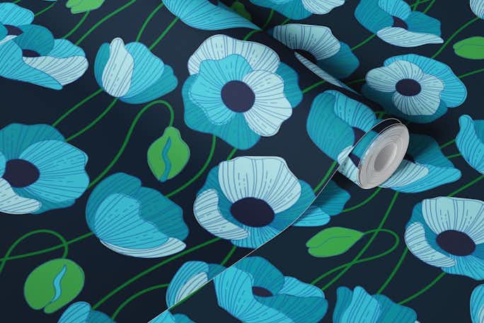 Wonderland Poppies Bleuwallpaper roll