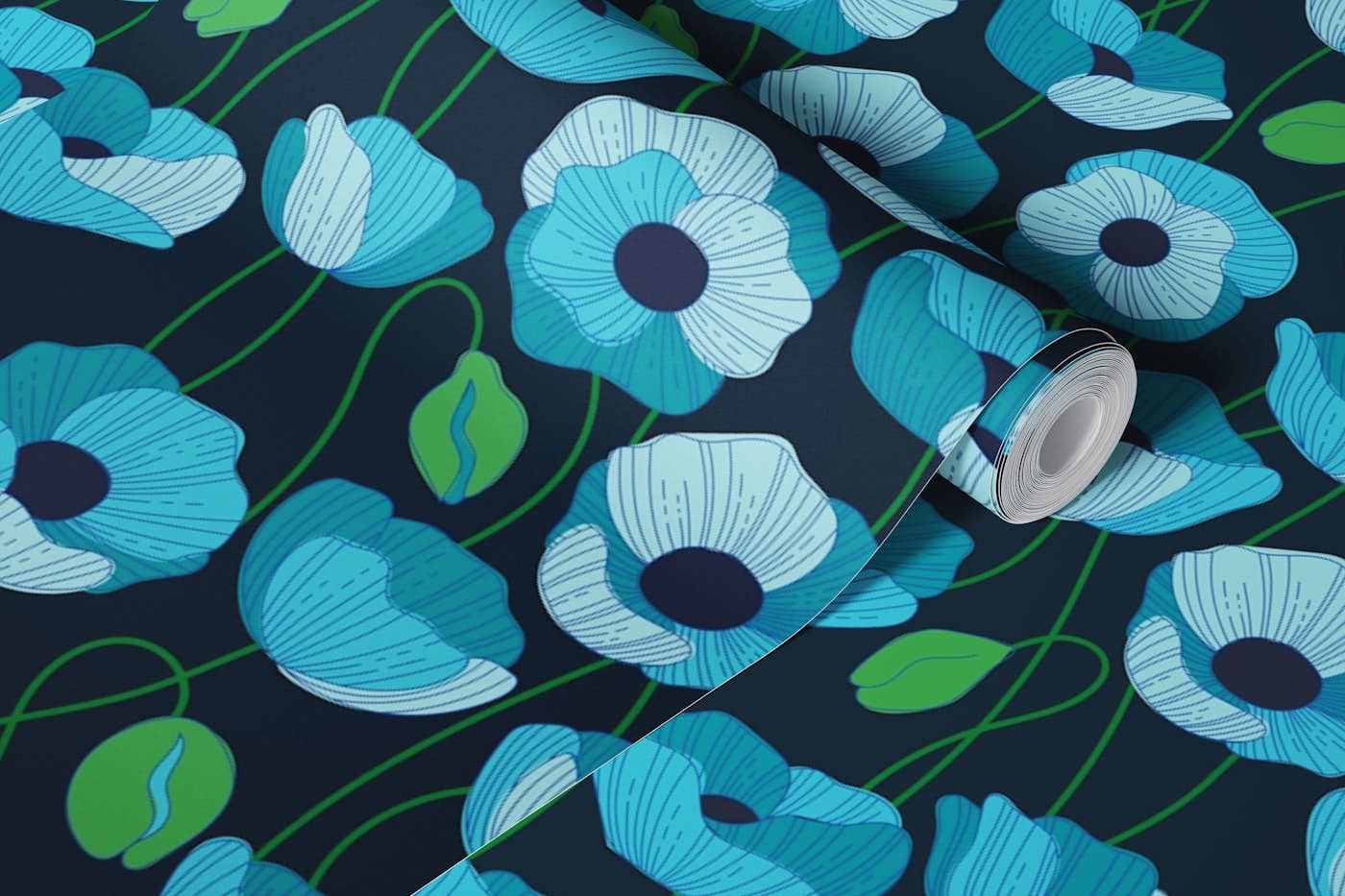 Wonderland Poppies Bleu wallpaper roll