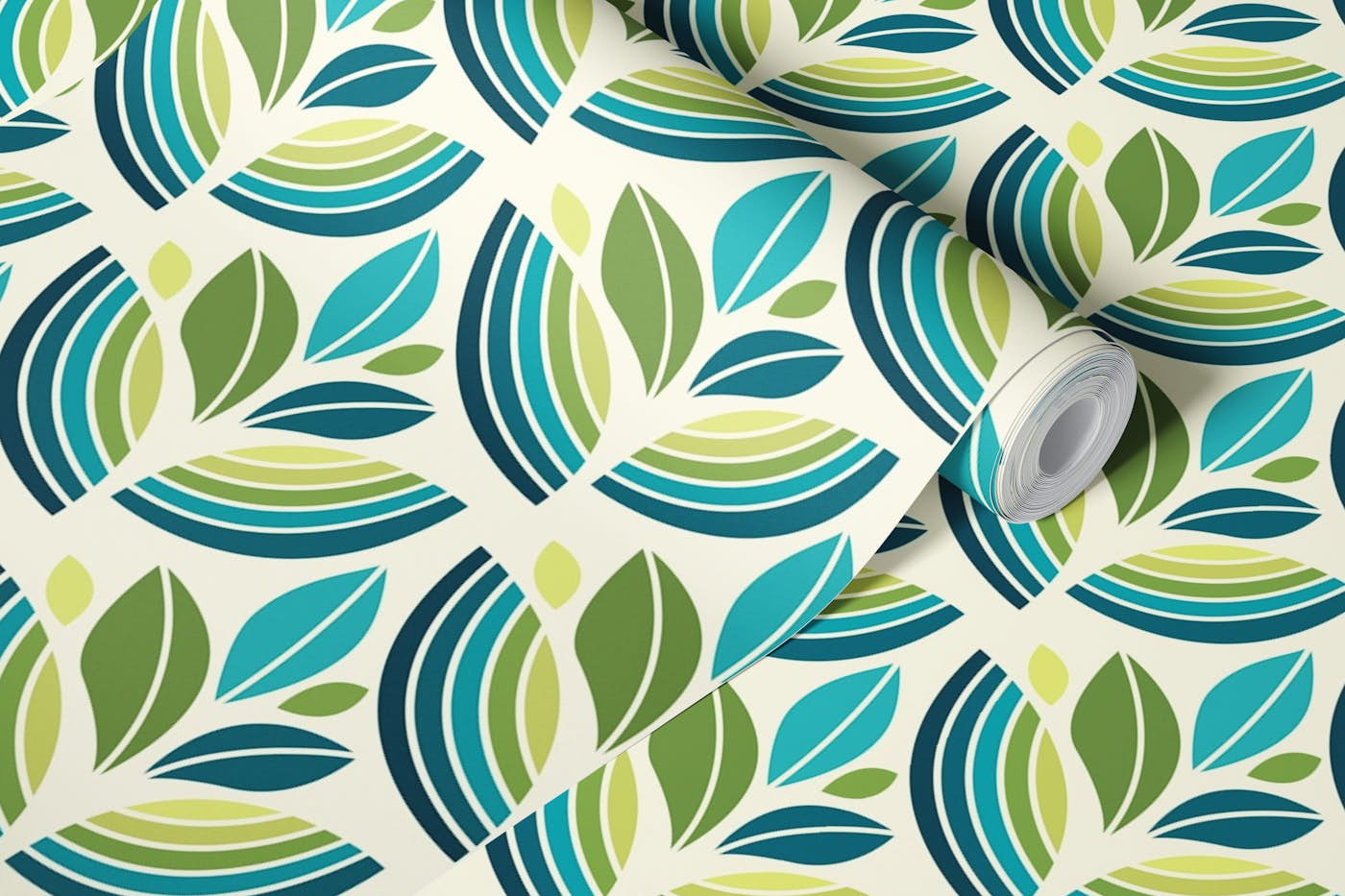 Bunch of Retro Flowers in Green and Turquise wallpaper roll