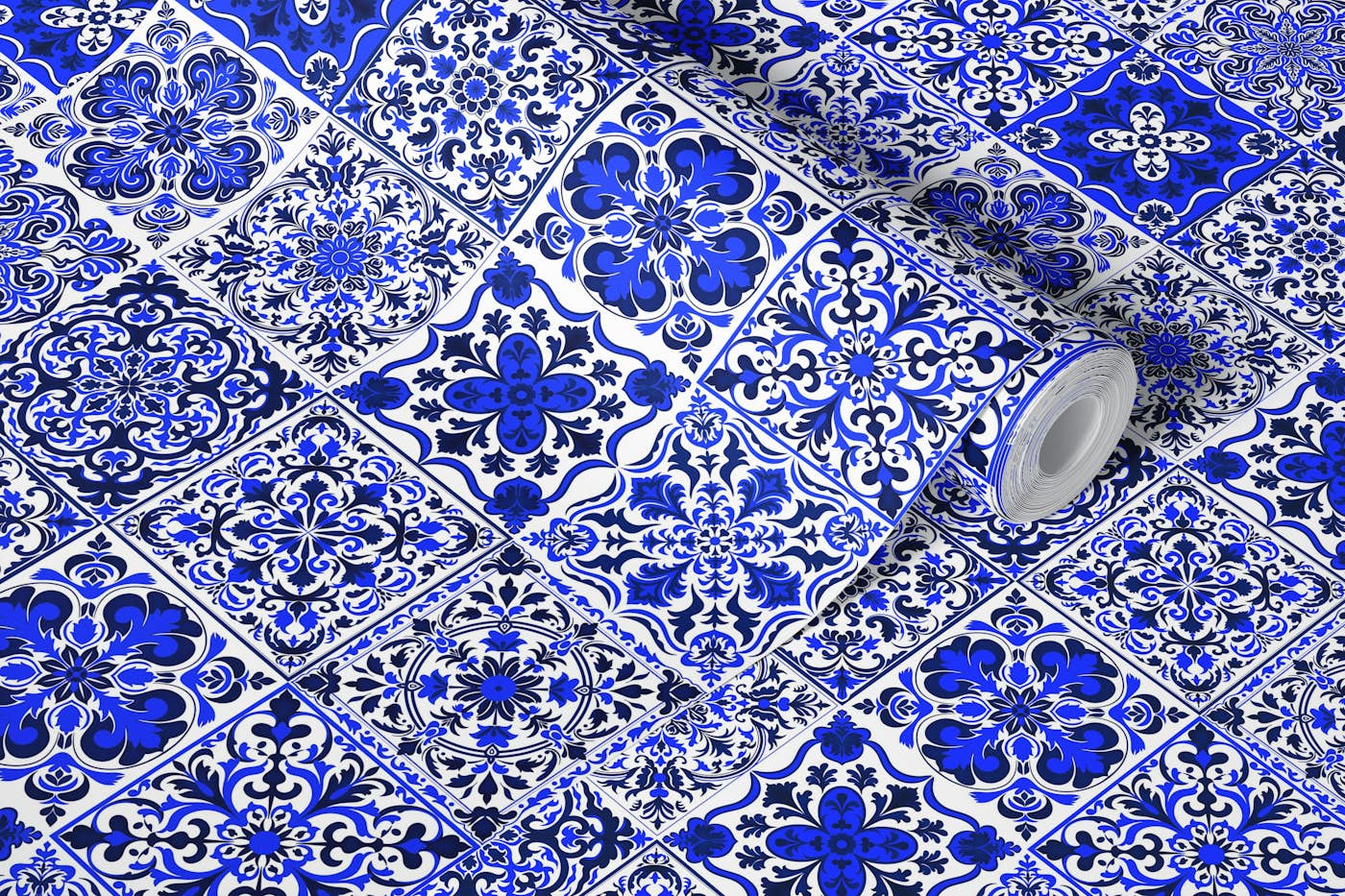 Mixed Ceramic Tiles 10 - Intense Blue wallpaper roll