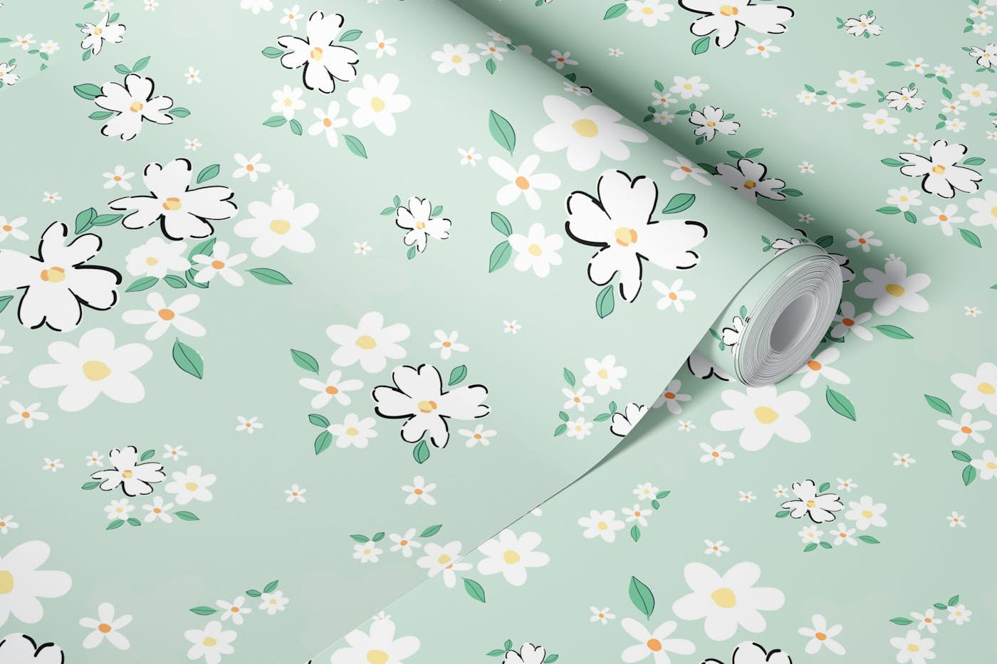 Daisies with green background wallpaper roll