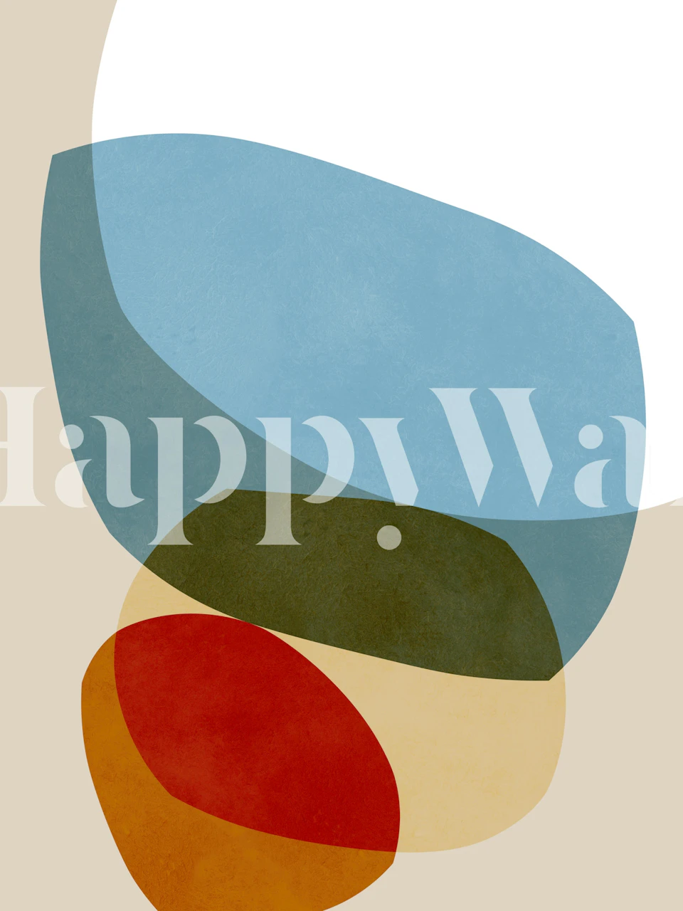 Abstract shapes in blue, orange, and green on beige wallpaper