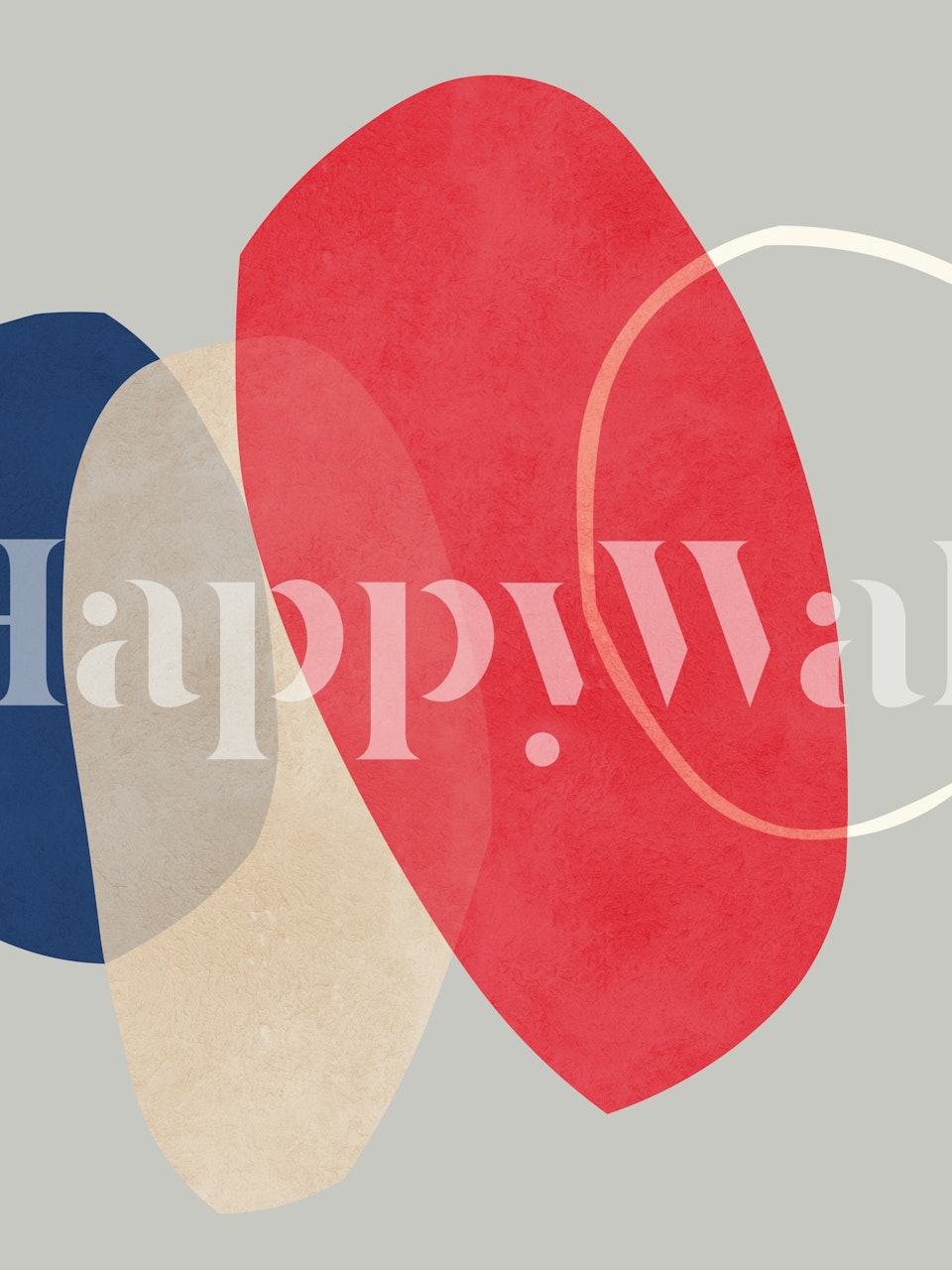 Red, blue, and beige abstract shapes on light gray wallpaper