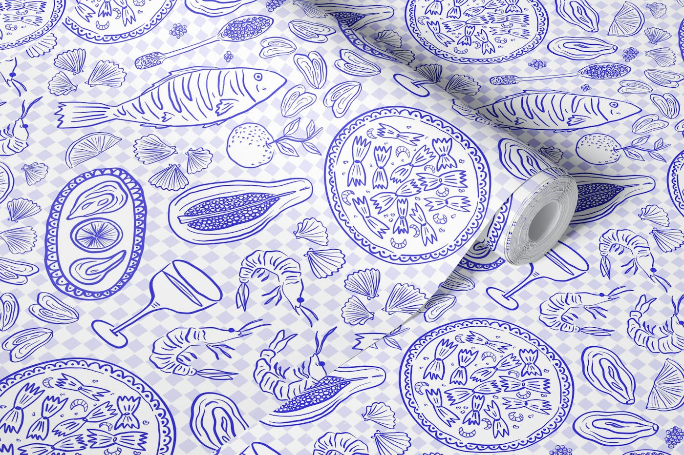 Vacation blues - seafood feast wallpaper roll