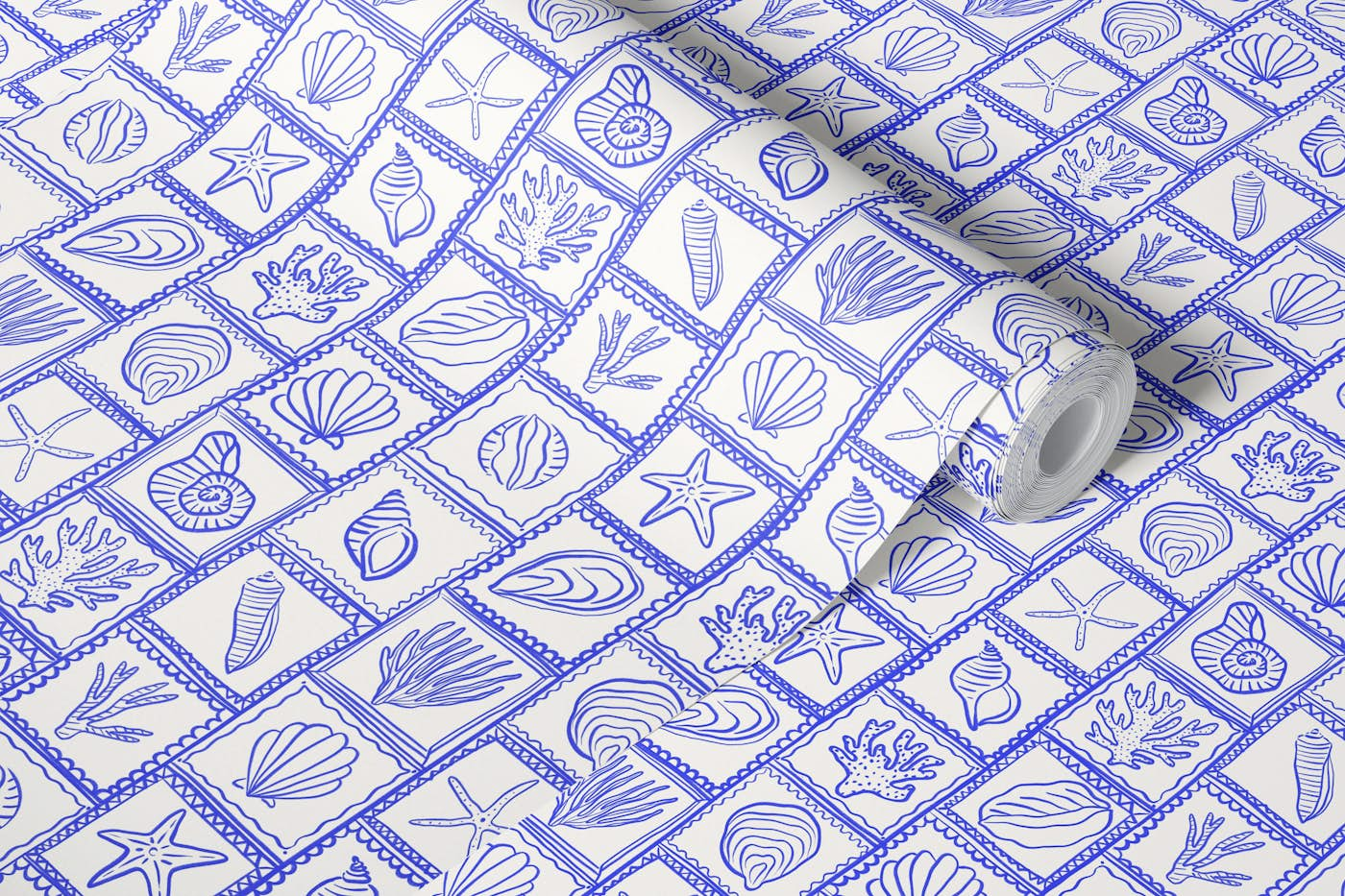 Vacation blues - seashell stamps wallpaper roll