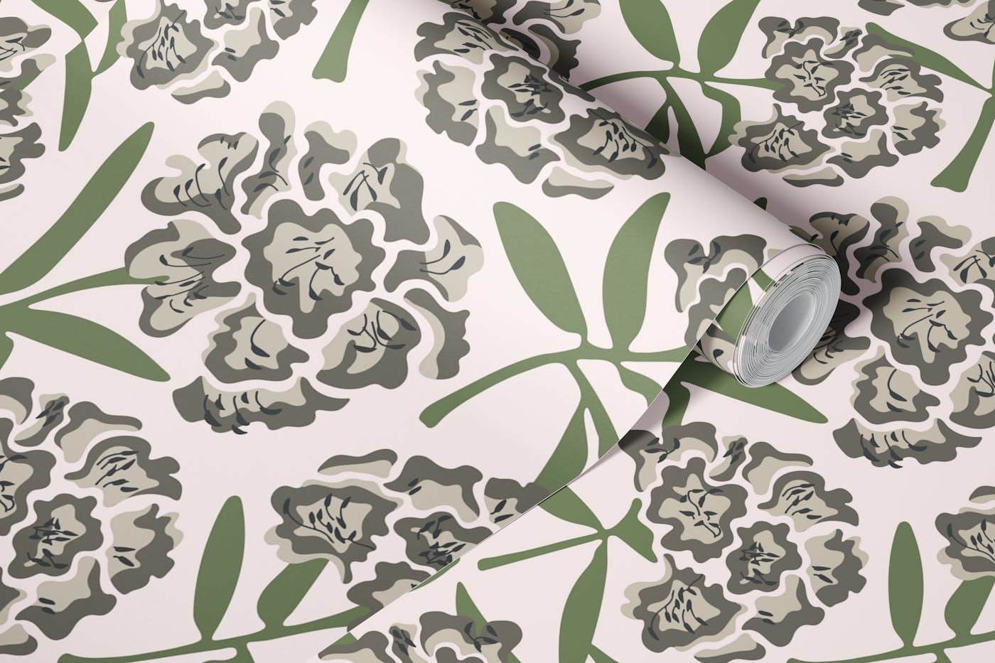 RHODODENDRONS Retro Floral Gray Green - Large wallpaper roll