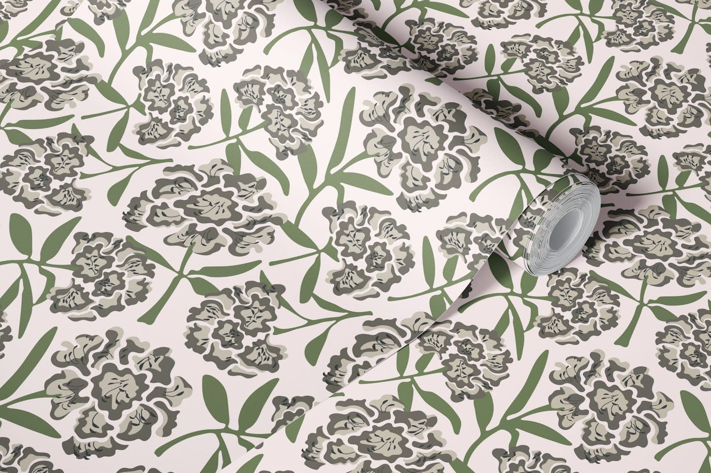 RHODODENDRONS Retro Floral Gray Green Small wallpaper roll