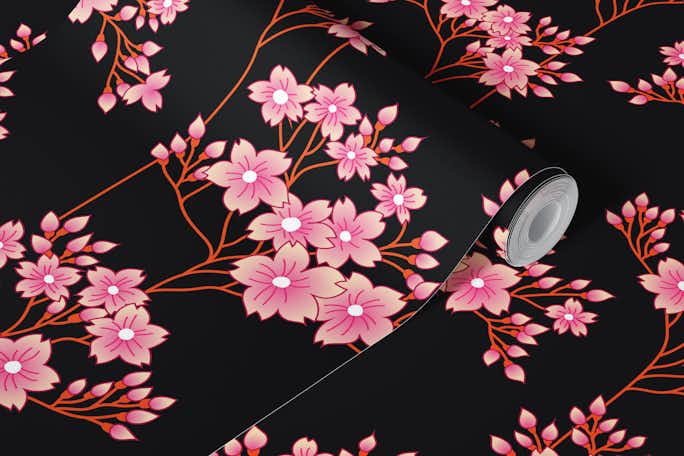 Pink Blossoms on Blackwallpaper roll