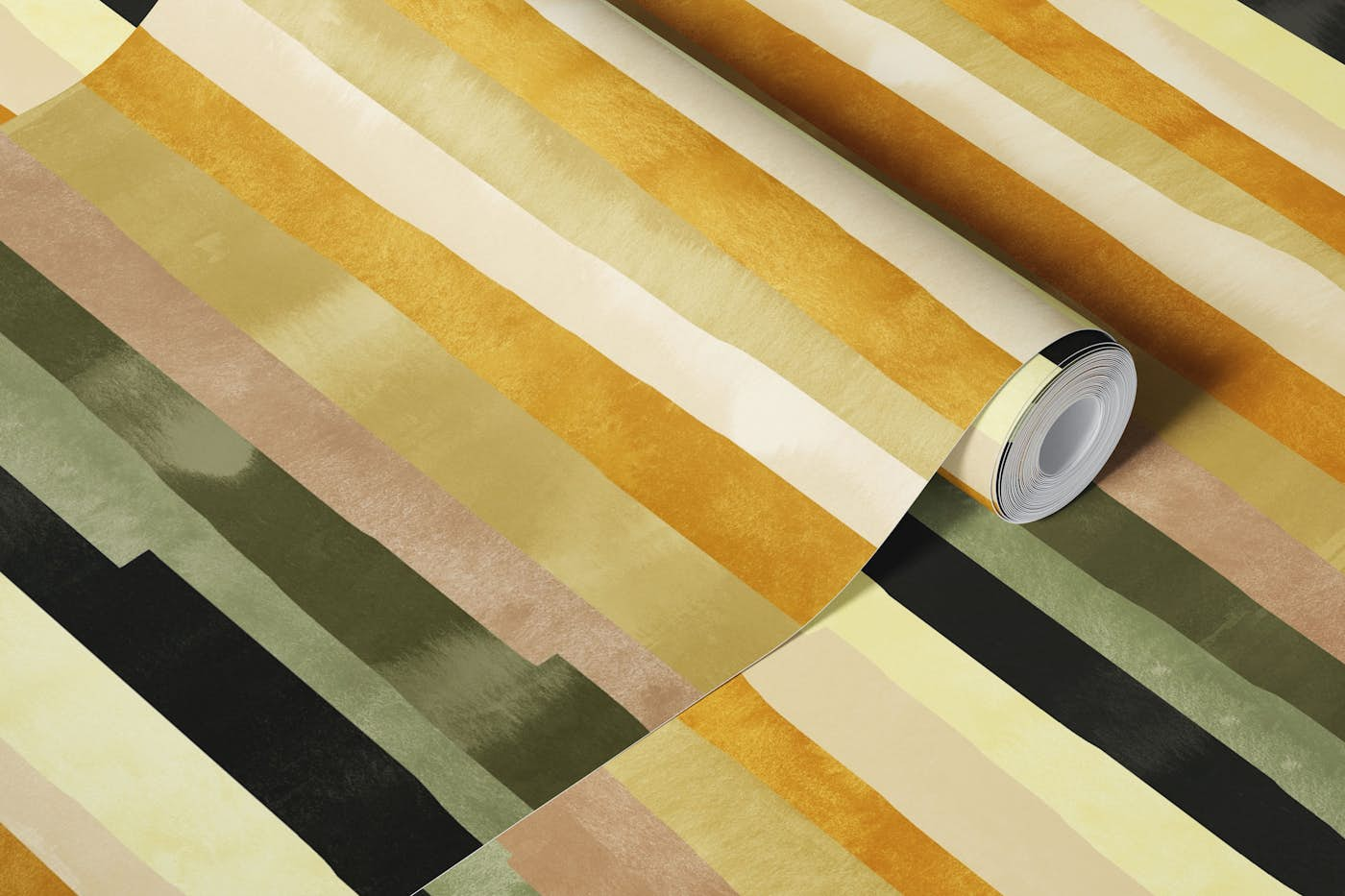 Rough Watercolor Stripes Mustard Green Black wallpaper roll