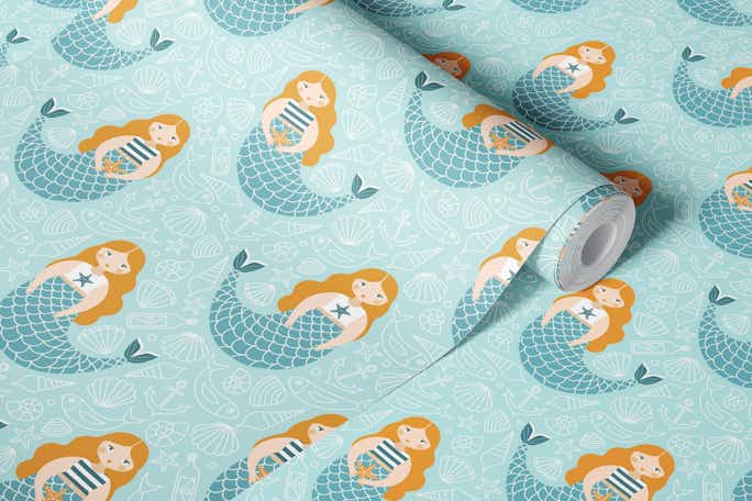 Mermaid swimming in a pool of fish and shellswallpaper roll