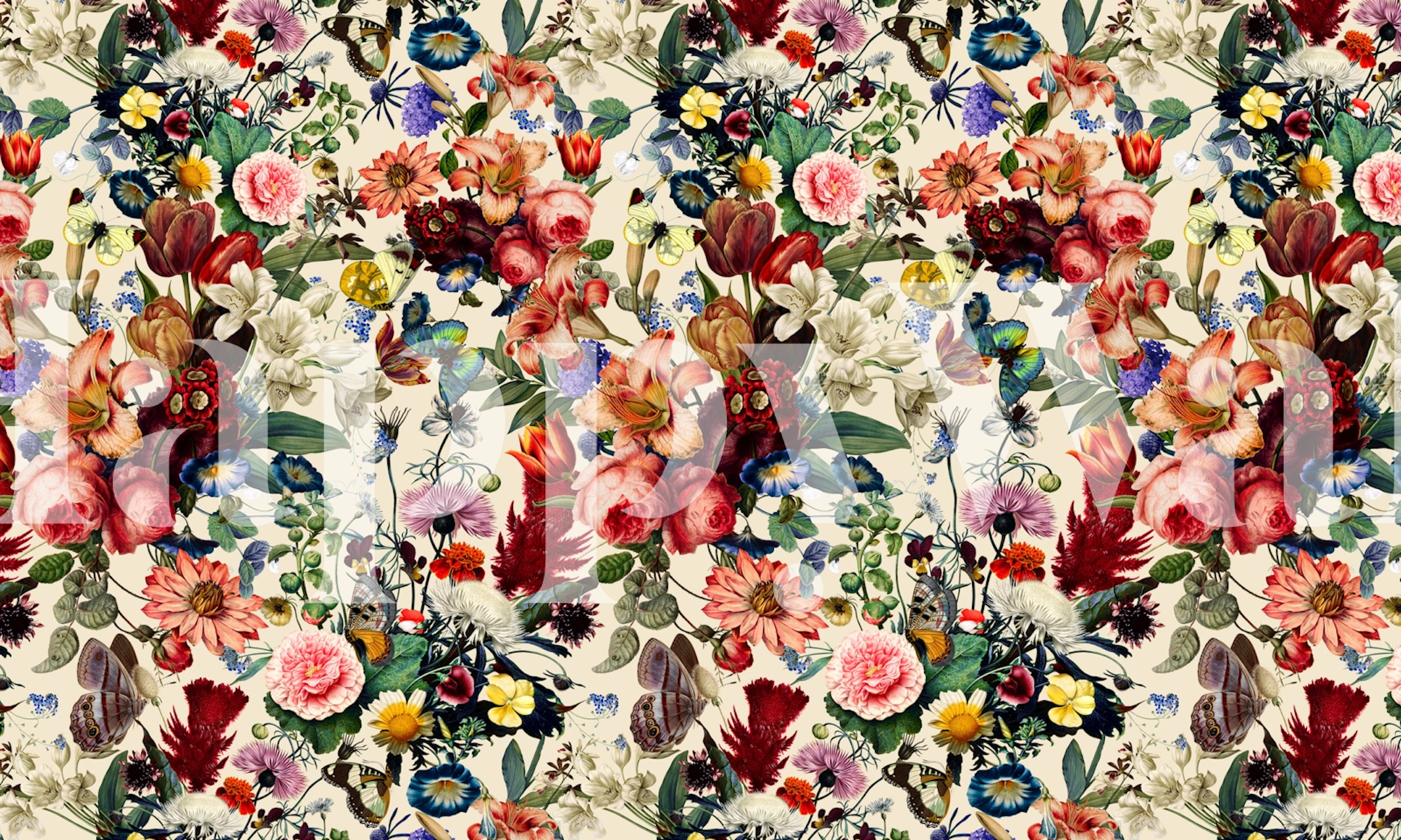 Colorful floral pattern with various blooms and leaves wallpaper