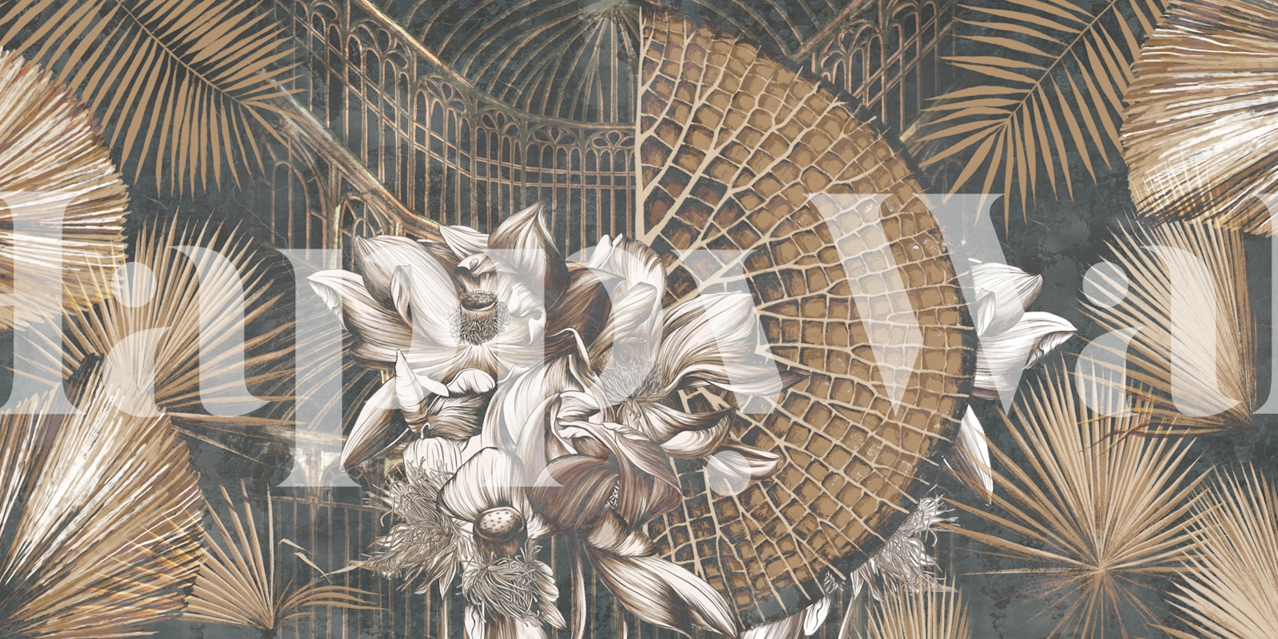 Floral and fan patterns in gold and brown tones wallpaper