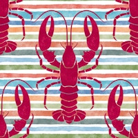 Magenta Lobsters on colorful stripes wallpaper