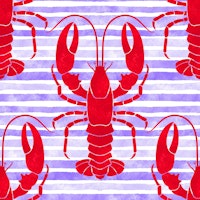 Red Lobsters on Blue stripes wallpaper