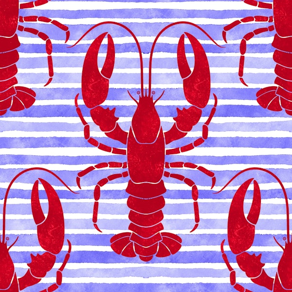 Dark Red Lobsters on blue stripes