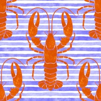 Orange Lobsters on Blue Stripes wallpaper