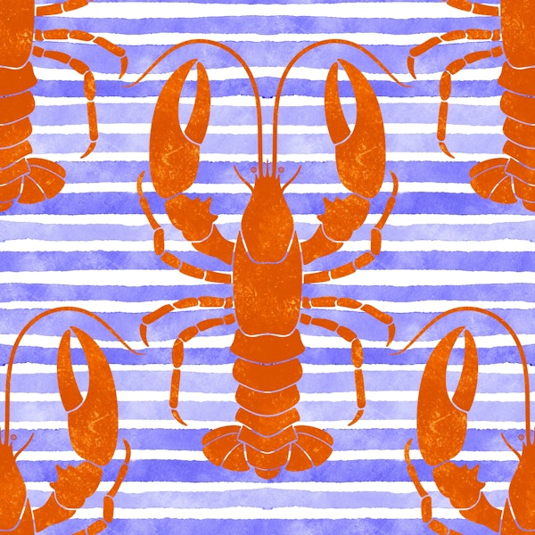 Orange Lobsters on Blue Stripes
