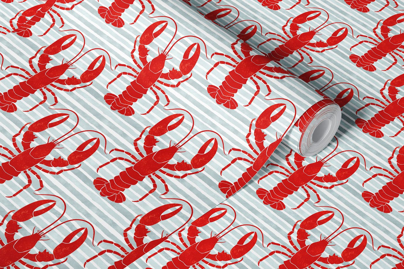 Red Lobsters on Grey Stripes wallpaper roll