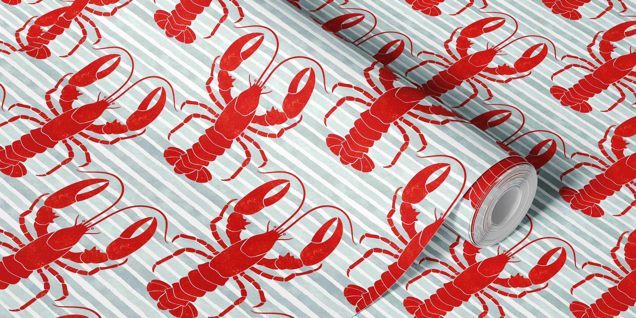 Red lobsters on grey striped wallpaper