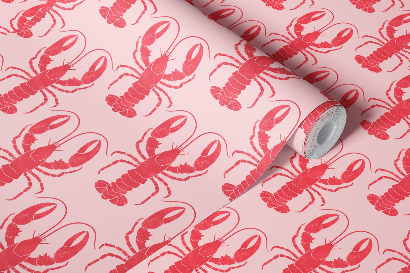 Red Lobsters on Pink wallpaper roll