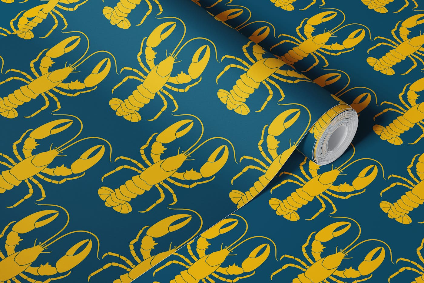 Golden Lobsters on Teal wallpaper roll